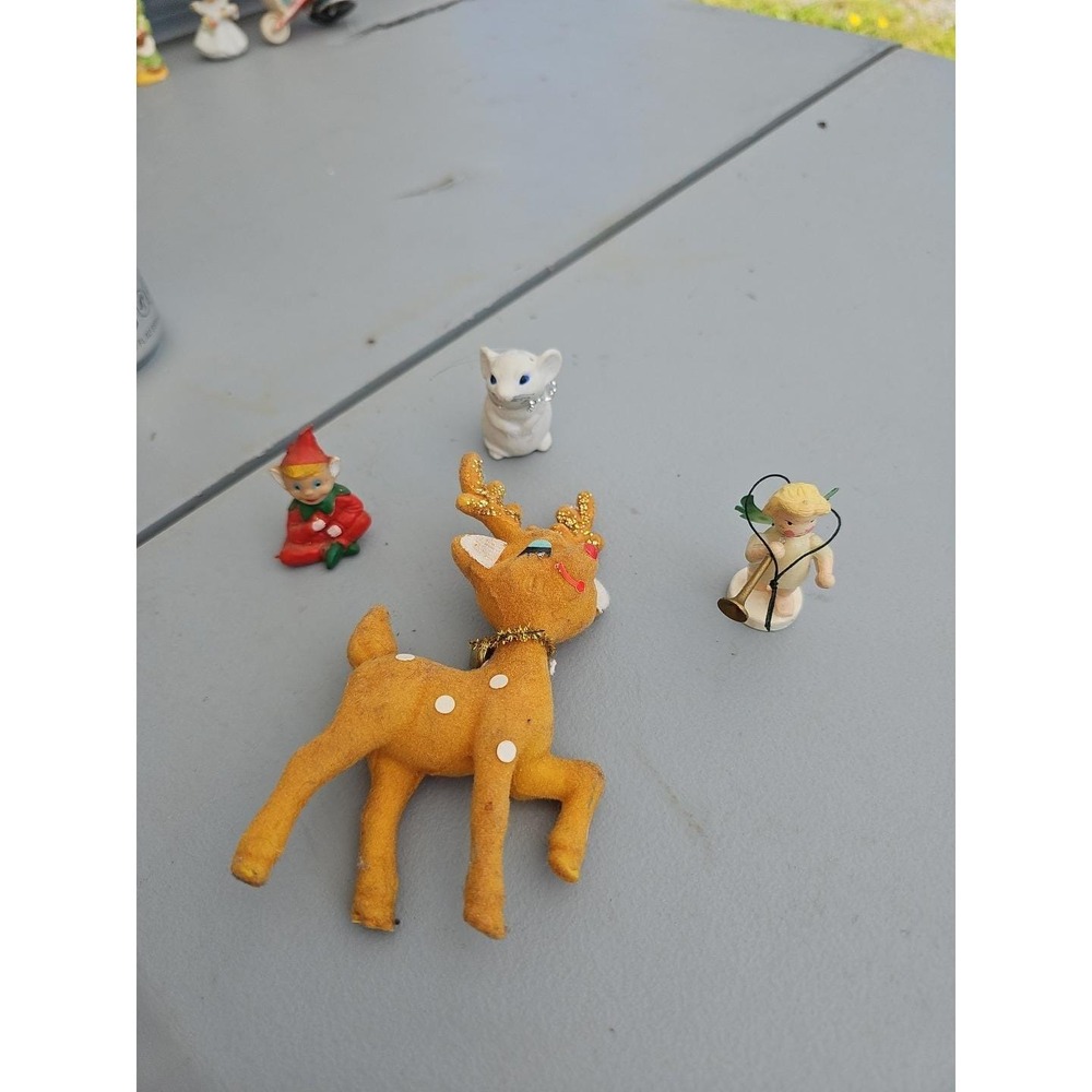Vintage Lot of 4 Miniature Christmas Ornaments Figurines Flock Deer Mouse Elf